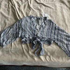 PacSun Blue and White Crop Blouse with Tie Front